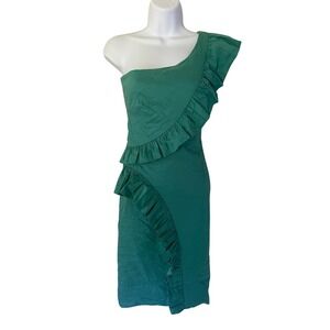 Nicole Miller Collection One Shoulder Ruffle Cocktail Dress Green Size 2 New